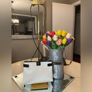 Bally white embossed crossbody with navy leather trim